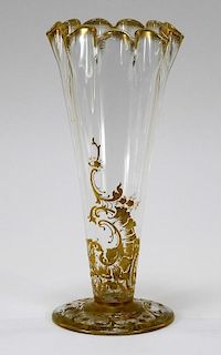 Bohemian Czech Art Glass Ruffled Gilt Enamel Vase
