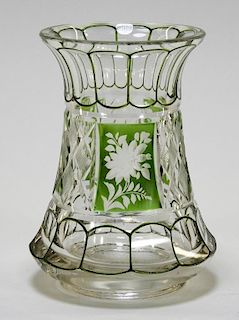 Bohemian Czech Green Cut to Clear Glass Vase