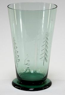 Bohemian Green Art Glass Forest Scene Vase