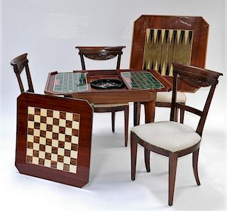 Italian Exotic Wood Carved Game Table & 4 Chairs