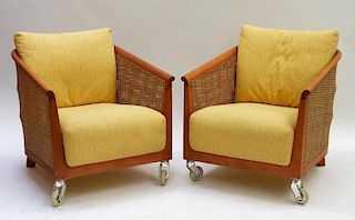 PR American MCM Caned Rattan Upholstered Chairs
