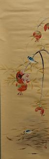 Japanese Avian Pomegranate Silk Scroll Painting