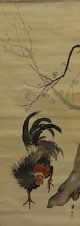Japanese Silk Scroll Painting of a Rooster