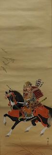 Japanese Samurai on Horseback Silk Scroll Painting