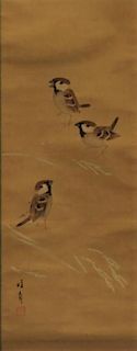 Japanese Silk Scroll Painting of 3 Sparrows