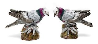A Pair of German Porcelain Models of Pigeons, Height 8 1/2 inches.