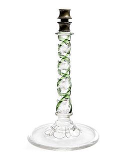 A Webb Clear and Green Glass Candlestick, Height 8 7/8 inches.