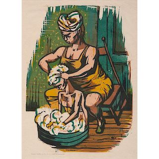 Color Lithograph of a Mother Bathing her Child
