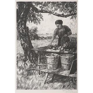 Lithograph of a Woman Picking Apples