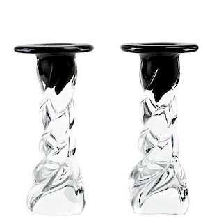A Pair of Contemporary Blown Art Glass Candlesticks, Height 16 inches.