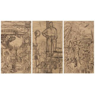 Graphite Sketches for Murals at Pendleton Field Air Base, Oregon, by Richard W. Baldwin