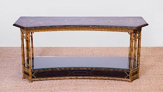 REGENCY STYLE JAPANNED, PARCEL-GILT AND PAINTED TWO-TIER CONSOLE TABLE