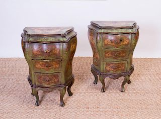 PAIR OF ITALIAN ROCOCO STYLE PAINTED AND PARCEL-GILT PETITE COMMODES