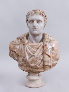 ITALIAN CARVED MARBLE AND ALABASTER BUST OF AN EMPEROR