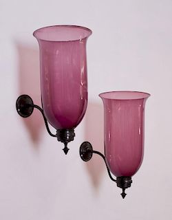 PAIR OF GEORGE III STYLE PATINATED-METAL AND AMETHYST GLASS SINGLE-LIGHT WALL SCONCES