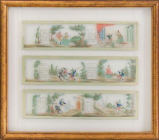 SET OF EIGHT FRENCH REVERSE-PRINTED AND ENRICHED MAGIC LANTERN SLIDES WITH SCENES OF PULCINELLA, FROM THE COMMEDIA DELL'ARTE