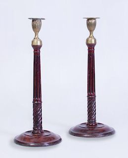 PAIR OF VICTORIAN BRASS-MOUNTED-MAHOGANY CANDLESTICKS