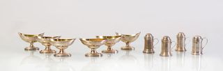 FOUR ENGLISH SILVER PEPPERETTES, AND SIX WILLIAM IV SILVER SALTS