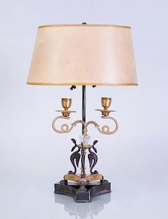CONTINENTAL NEOCLASSICAL STYLE GILT AND PATINATED BRONZE-MOUNTED ROCK CRYSTAL TWO-LIGHT LAMP