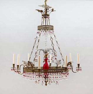 BALTIC NEOCLASSICAL STYLE GILT-BRONZE-MOUNTED CRANBERRY AND CUT-GLASS SIX-LIGHT CHANDELIER