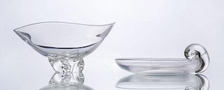 STEUBEN GLASS TRILLIUM BOWL AND AN OLIVE DISH