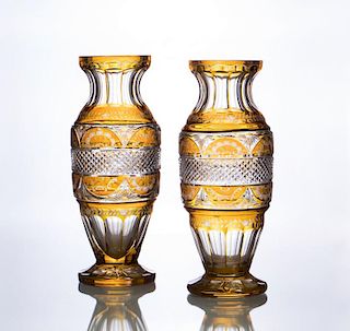 PAIR OF AUSTRIAN AMBER-CASED CUT-GLASS BALUSTER-FORM VASES