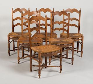 SET OF SIX FRENCH PROVINCIAL FRUITWOOD AND RUSH SIDE CHAIRS