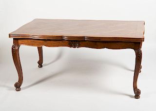 FRENCH PROVINCIAL STYLE OAK PARQUETRY-TOP DRAW-LEAF DINING TABLE