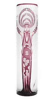 Erte Diana Limited Edition Colorless and Burgundy Flashed Etched Glass Vase, Height 19 1/2 inches.
