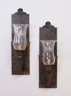 PAIR OF BAROQUE STYLE MIRROR-BACK AND GILT-SHEET-METAL SINGLE-LIGHT WALL SCONCES