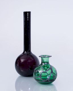 AMETHYST GLASS BUD VASE AND A GREEN GLASS VASE WITH METAL OVERLAY