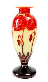 A Le Verre Francais Cameo Glass Vase, Charles Schneider, Height 14 inches.
