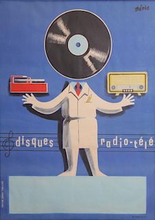 Vintage "Disques Radio-Tele" Lithograph Poster.