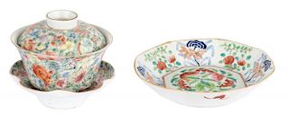 CHINESE FAMILLE ROSE PORCELAIN BOWL (LATE QING DYNASTY, 1821-1850) AND PORCELAIN COVERED TEA BOWL AND STAND WITH MILLEFEUILLE