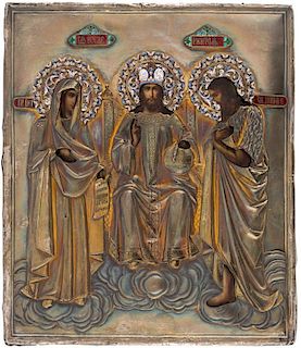 A RUSSIAN ICON WITH THE DEESIS IN A GILT SILVER AND ENAMEL OKLAD, CENTRAL RUSSIA, LAST QUARTER OF THE 19TH CENTURY