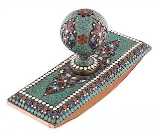 A RUSSIAN SILVER AND  CLOISONNE ENAMEL INK BLOTTER, 1908-1917