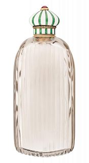 A FABERGE GOLD AND CHAMPLEVE ENAMEL MOUNTED SMOKY QUARTZ SCENT BOTTLE, WOTKMASTER HENRYK WIGSTROM, 1898-1903