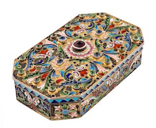 A RUSSIAN SILVER-GILT, JEWELLED AND SHADED ENAMEL BOX, WORKMASTER IVAN SALTIKOV, NUMBER 449, MOSCOW, 1890-1898