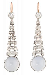 A PAIR OF MOONSTONE, PLATINUM AND DIAMOND EARRINGS, PROBABLY FABERGE, ST. PETERSBURG, CIRCA 1900