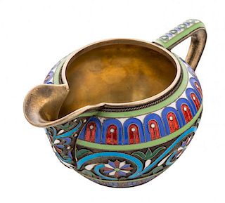 A RUSSIAN SILVER-GILT AND CLOISONNE ENAMEL MILK-JUG, BR.[OTHERS] GRACHEVI WITH IMPERIAL WARRANT, MOSCOW 1899-1908