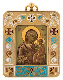 A FABERGE GOLD AND ENAMEL RUSSIAN ICON OF THE MOTHER OF GOD, MARK OF KARL FABERGE WITH IMPERIAL WARRANT, MOSCOW, 1908-1917