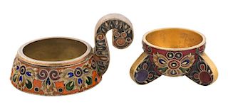 A FABERGE SILVER-GILT AND CLOISONNE ENAMEL SET OF SMALL SALT CELLAR AND A MINIATURE KOVSH, MOSCOW, 1908-1916