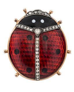 A FABERGE RED GUILLOCHE ENAMEL AND DIAMOND LADYBUG BROOCH, MIKHAIL PERKHIN, ST. PETERSBURG, 1861-1898