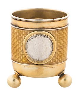 A FABERGE SILVER-GILT AND YELLOW GUILLOCHE ENAMEL CHARKA, INVENTORY NUMBER 6786, WORKMASTER ANDERS NEVALAINEN, ST.PETERSBURG,