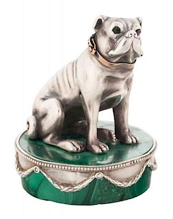 A FABERGE SILVER DOG ON A SILVER AND MALACHITE STAND, MOSCOW, 1908