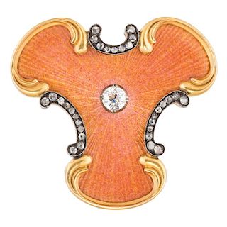 A FABERGE GOLD , ORANGE GUILLOCHE ENAMEL AND OLD-CUT DIAMOND BROOCH, KARL FABERGE , MOSCOW, 1908-1917