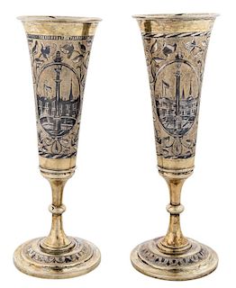A PAIR OF RUSSIAN SILVER GILT AND NIELLO CHAMPAGNE FLUTES WITH VIEWS OF ST. PETERSBURG, MOSCOW, 1839