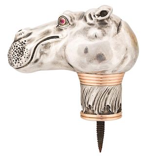 A RUSSIAN SILVER AND GOLD CANE HANDLE IN A FORM OF HIPPOPOTAMUS WITH RUBY EYES, WORKMASTER JULY RAPPOPORT, ST.PETERSBURG, 188