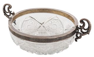A RUSSIAN SILVER AND CRYSTAL CUT CANDY BOWL, WORKMASTER`S MARK G.L IN CYRILLIC, ST.PETERSBURG, 1908-1917