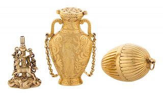 TWO GOLD VINAGRETTES AND A FIGURAL WATCH KEY, EARLY 19TH CENTURY